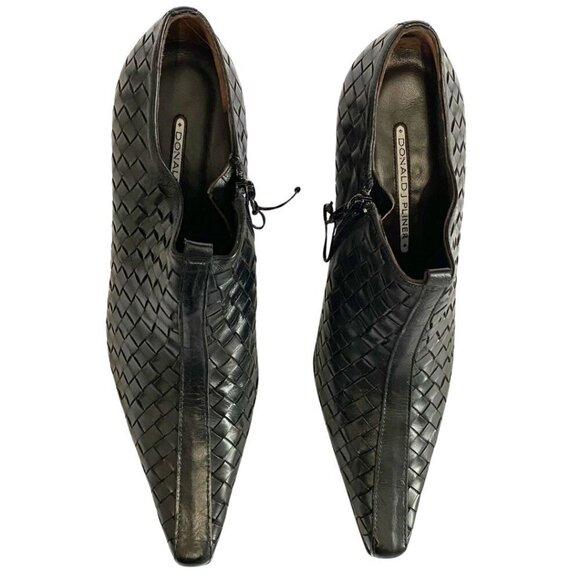 DONALD J PLINER MAZI BLACK BRAIDED LEATHER POINTED SQUARE TOE HEELED ANKLE BOOTS - Picture 4 of 7